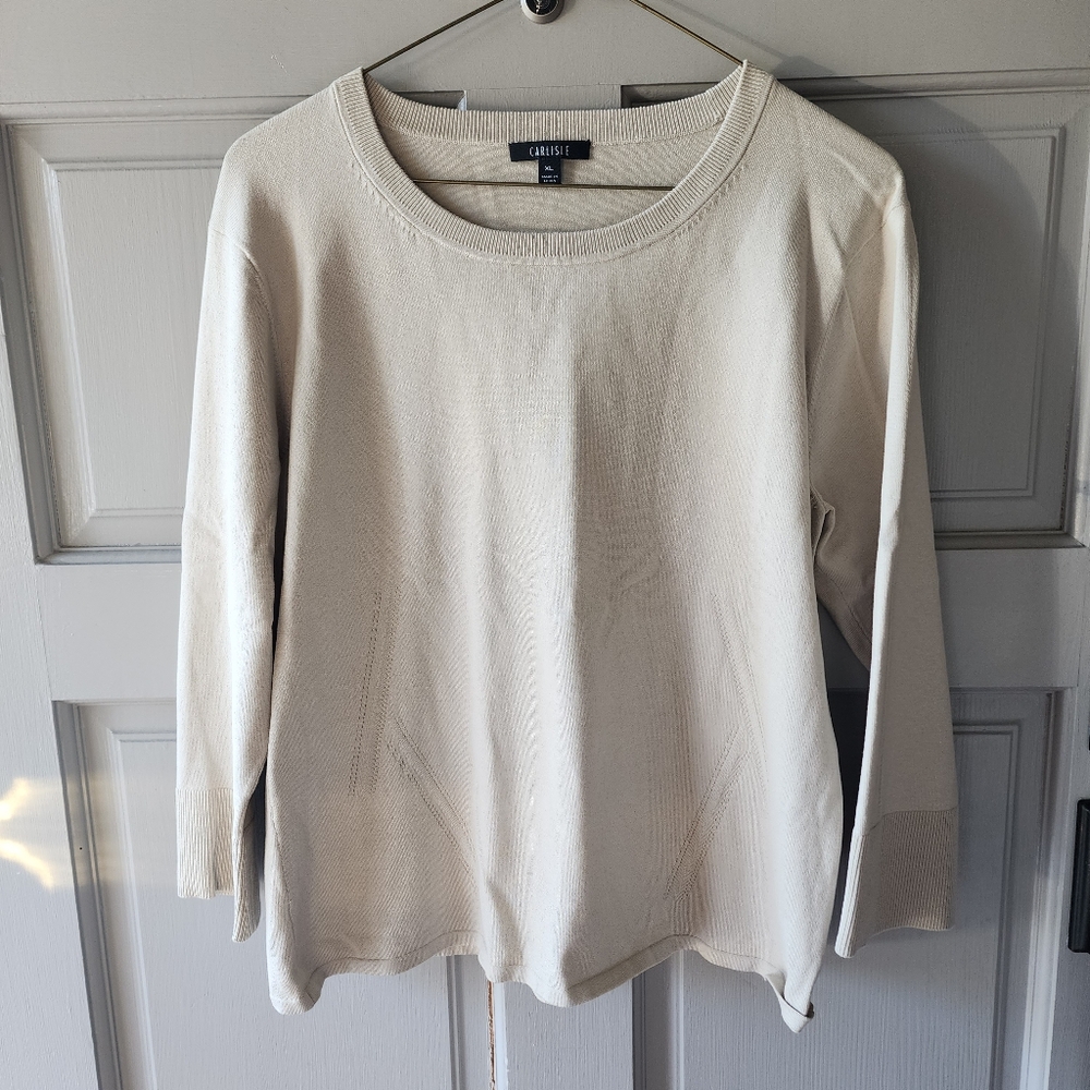 Carlisle Sweater Womens XL Ivory Crew Neck Ribbed Trim Pullover Classic Luxury